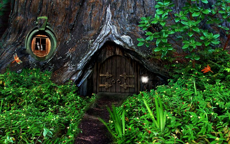 Treehouse in Forest — Green, Serene, Digital Art, Dragonfly