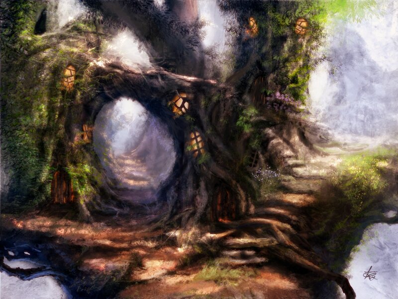 Treehouse in Forest — Green, Serene, Morning, Digital Art, Lamps