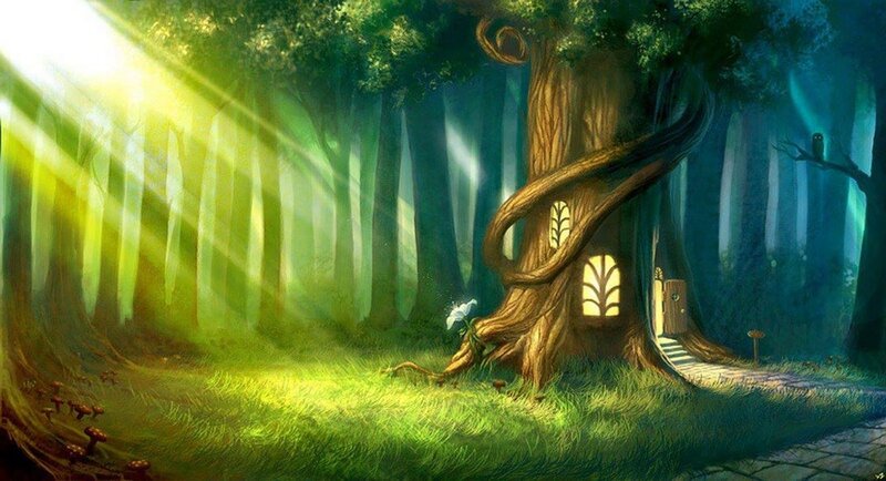 Treehouse in Forest — Green, Serene, Morning, Digital Art, Mushrooms