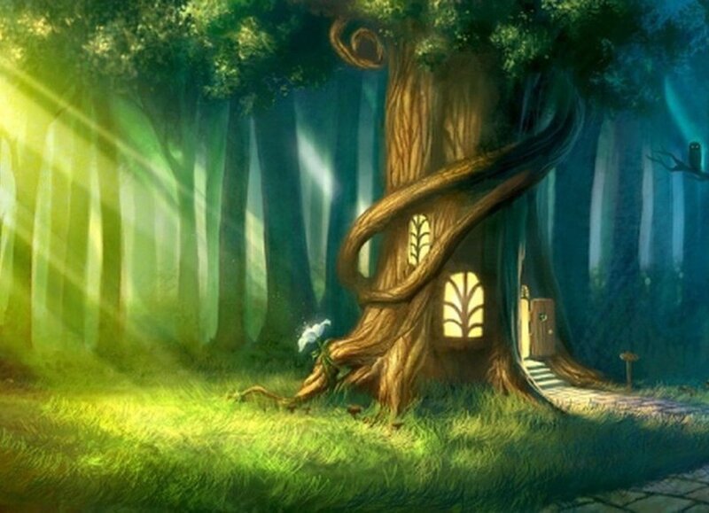 Treehouse in Forest — Green, Serene, Morning, Digital Art, Sunlight, Owl