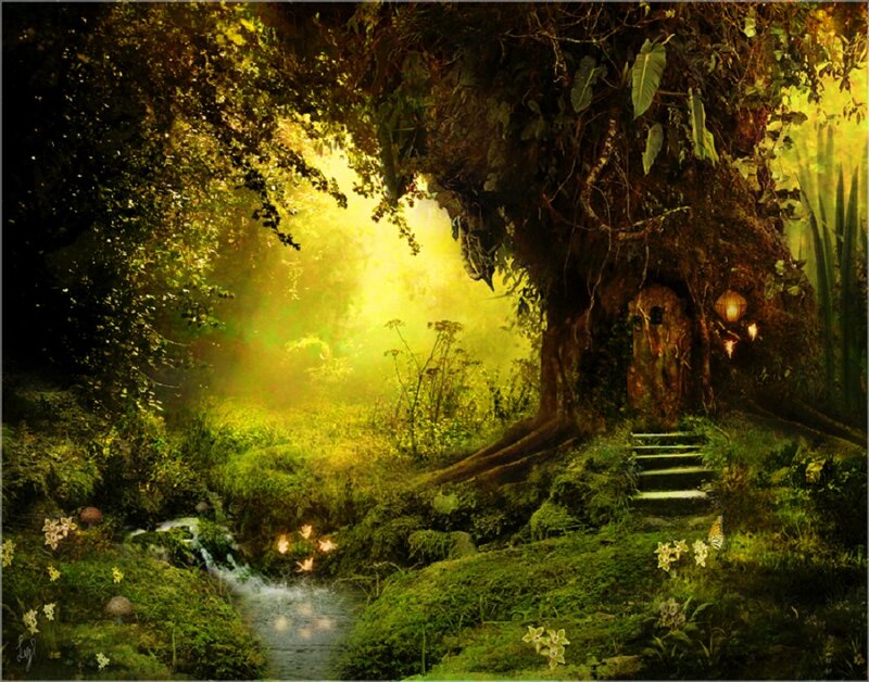 Treehouse in Forest — Green, Serene, Morning, Digital Art