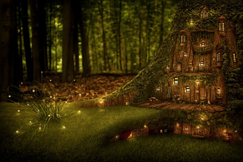 Treehouse in Forest — Green, Serene, Night, Digital Art, Grass