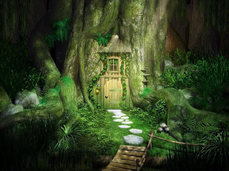 Treehouse in Forest — Green, Serene, Night, Digital Art, Path