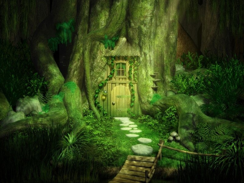Treehouse in Forest — Green, Serene, Night, Digital Art