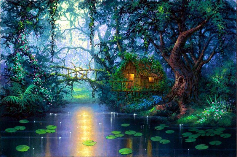 Treehouse in Forest — Green, Serene, Night, Painting