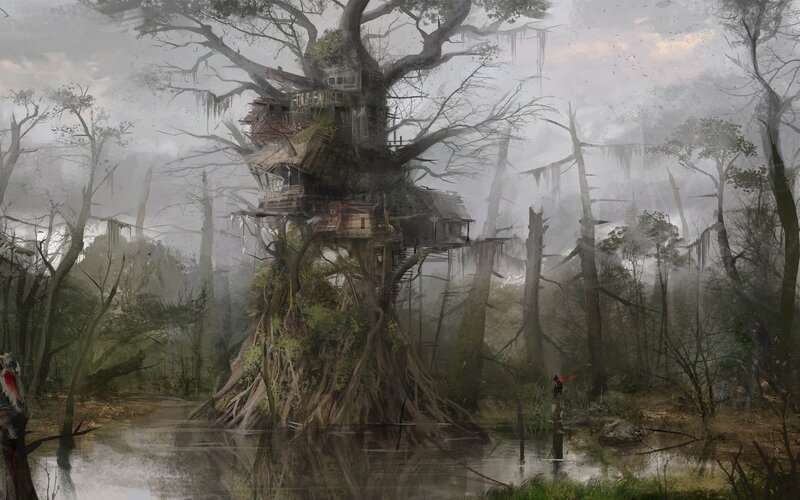 Treehouse in Swamp — Green, Mysterious, Morning