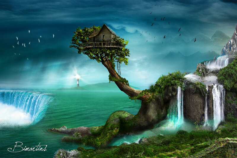 Treehouse on Cliff — Green, Dramatic
