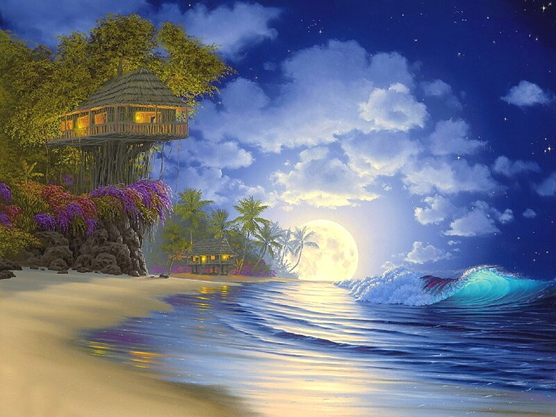 Treehouse on Tropical Beach — Blue, Serene, Night