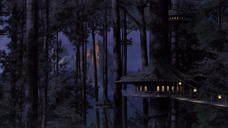 treehouse village at night