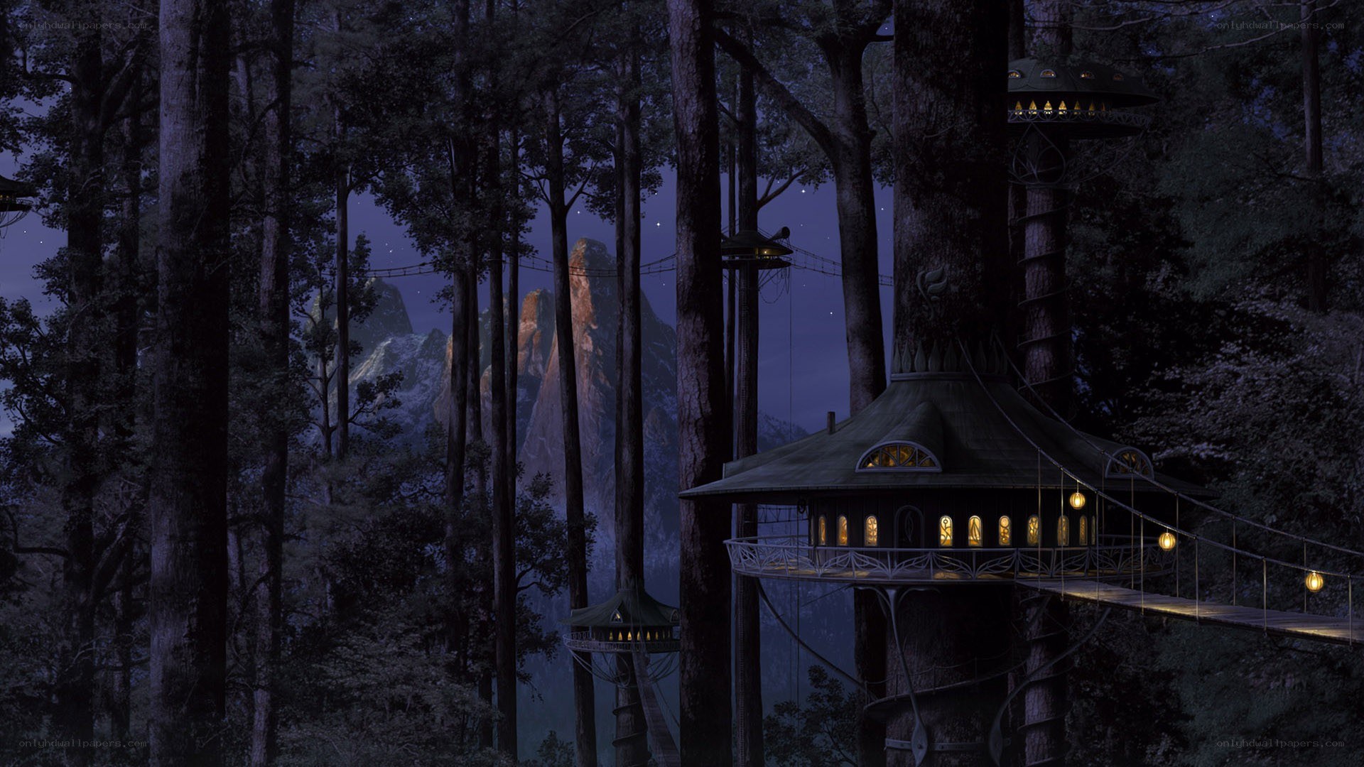 treehouse village at night
