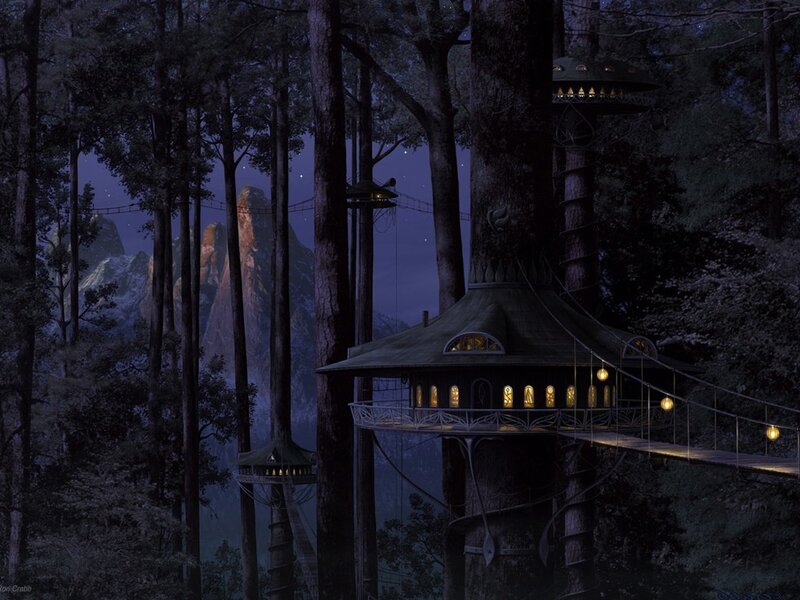 Treehouse village at night