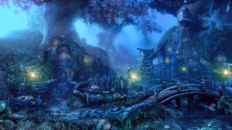 Treehouse Village at Night — Blue