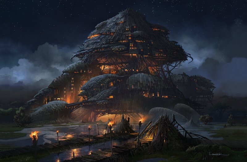 Treehouse Village at Night — Dark Blue, Dramatic