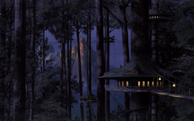 Treehouse Village at Night — Dark Blue