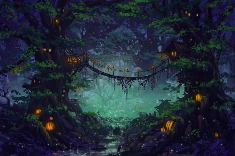 Treehouse Village at Night — Green, Mystical