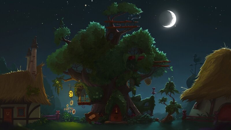 Treehouse Village at Night — Green, Serene