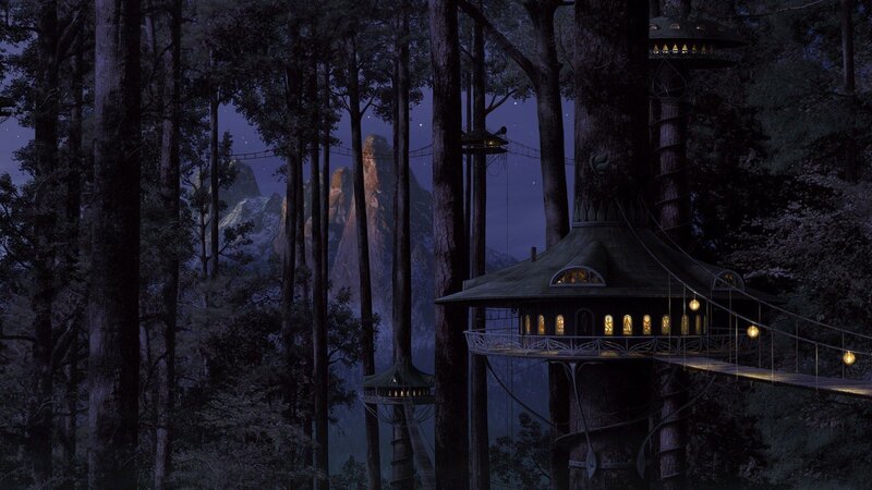 treehouse village at night