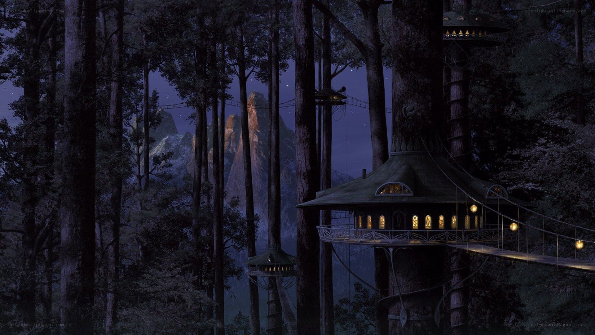 treehouse village at night