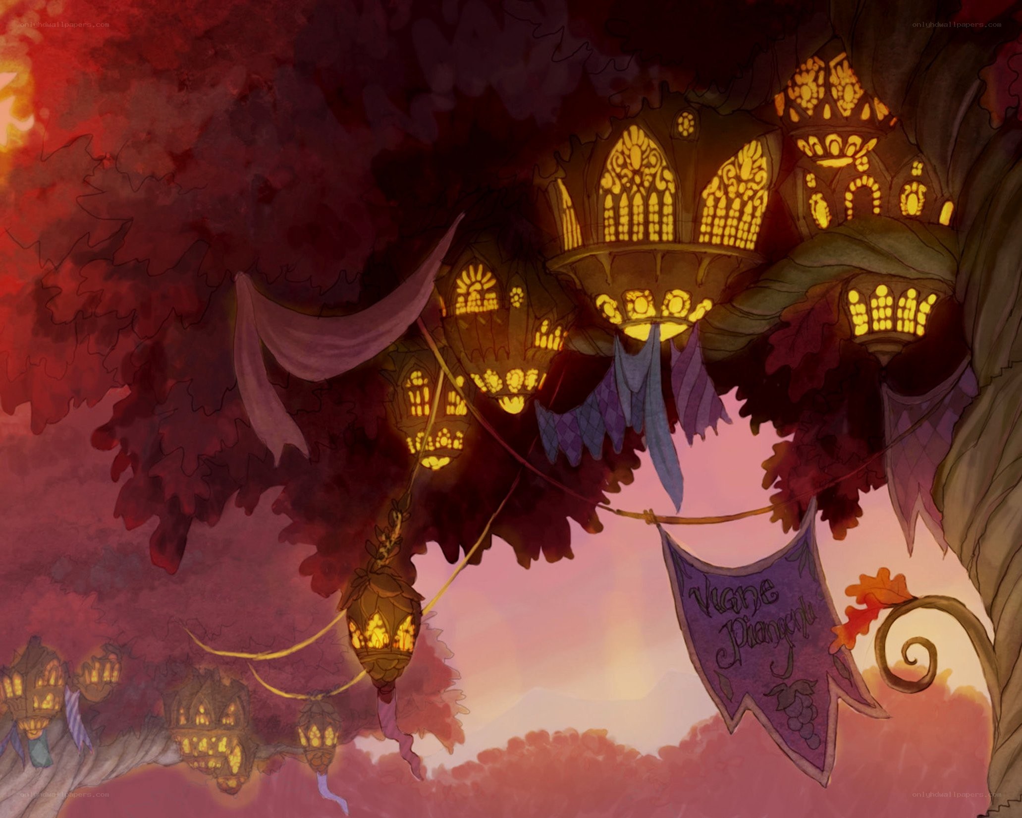 treehouse village at sunset
