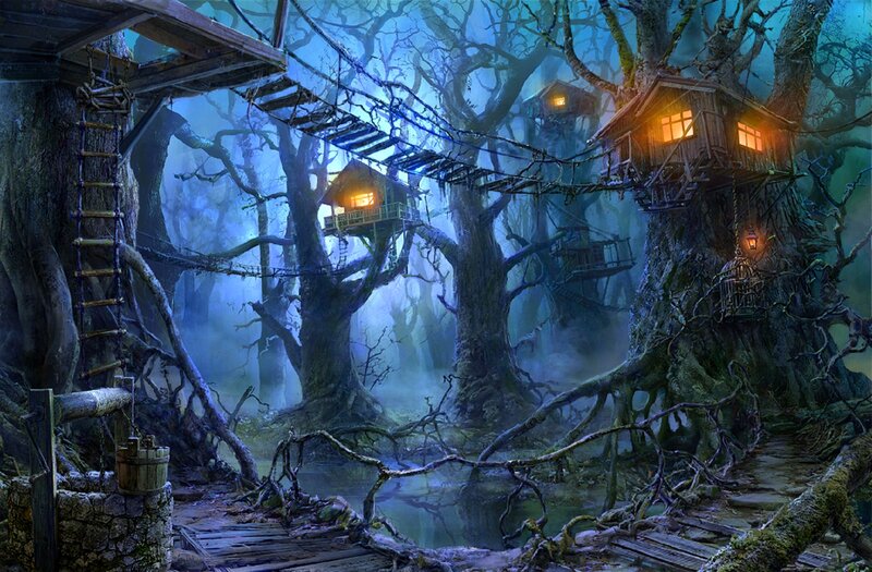 Treehouse Village — Blue, Mysterious, Night