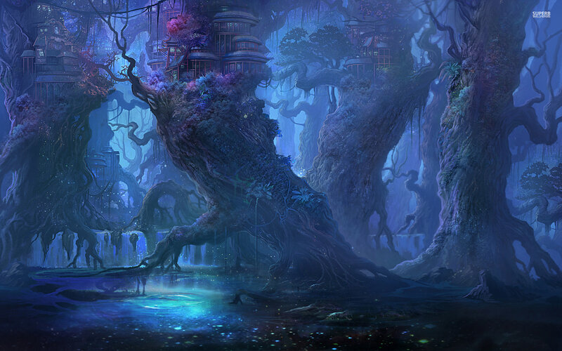 Treehouse Village — Blue, Mystical, Night