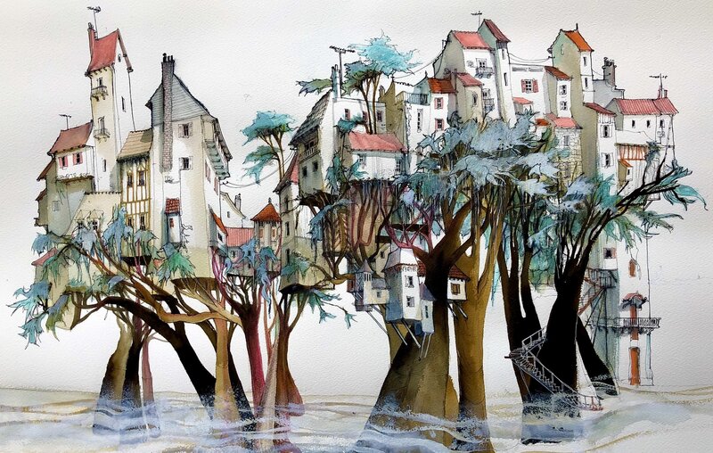Treehouse Village — Blue, Whimsical