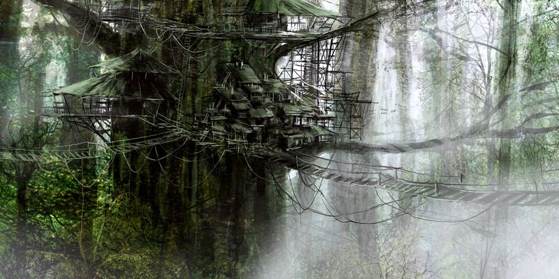 Treehouse Village — Green, Mysterious, Digital Art, Forest