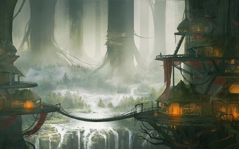 Treehouse Village — Green, Mysterious, Morning, Digital Art