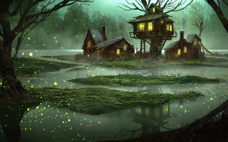 Treehouse Village — Green, Mysterious, Night, Digital Art, Cabin, Fireflies