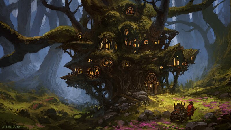 Treehouse Village — Green, Mysterious, Night, Digital Art, Forest, Cart