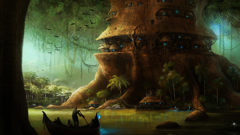 Treehouse Village — Green, Mysterious, Night, Digital Art