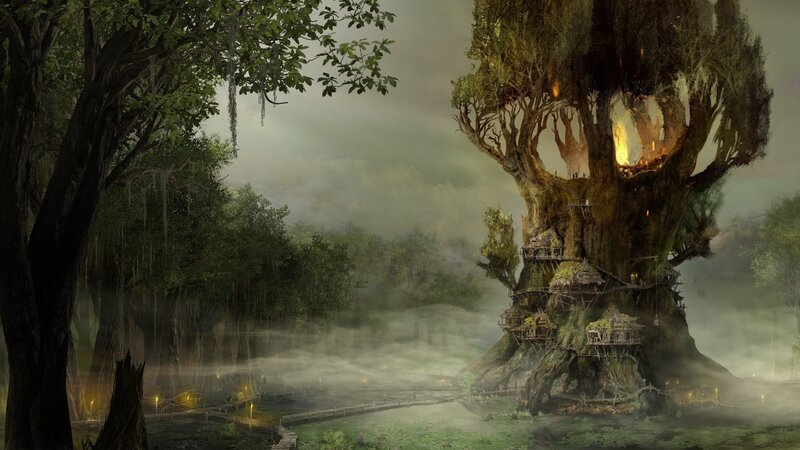 Treehouse Village — Green, Mysterious, Night, Digital Art, Trees