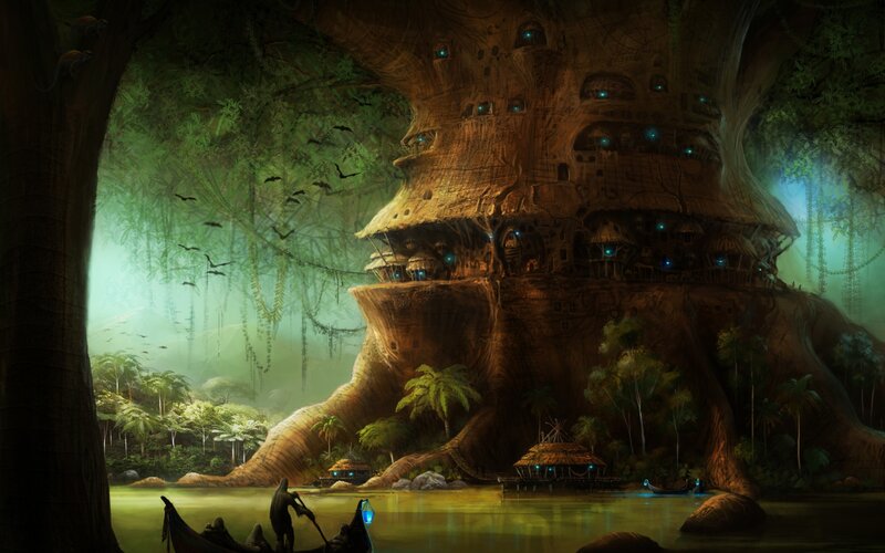 Treehouse Village — Green, Mysterious, Night