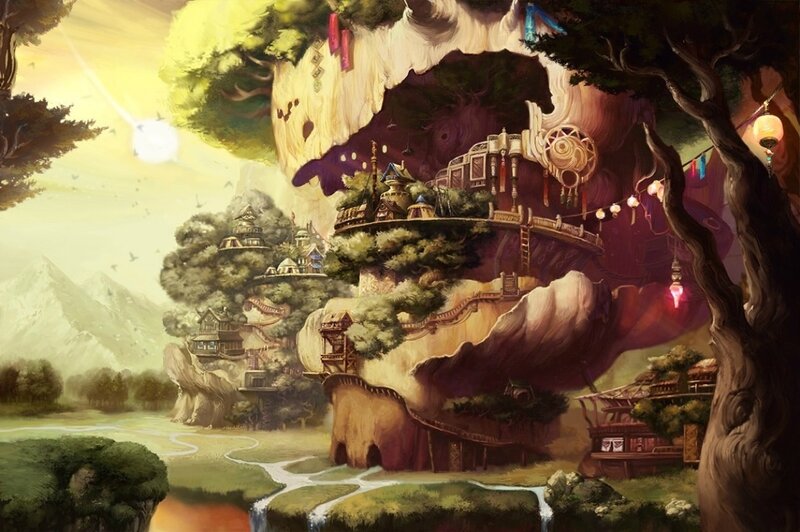 Treehouse Village — Green, Serene, Morning, Digital Art, Mountains