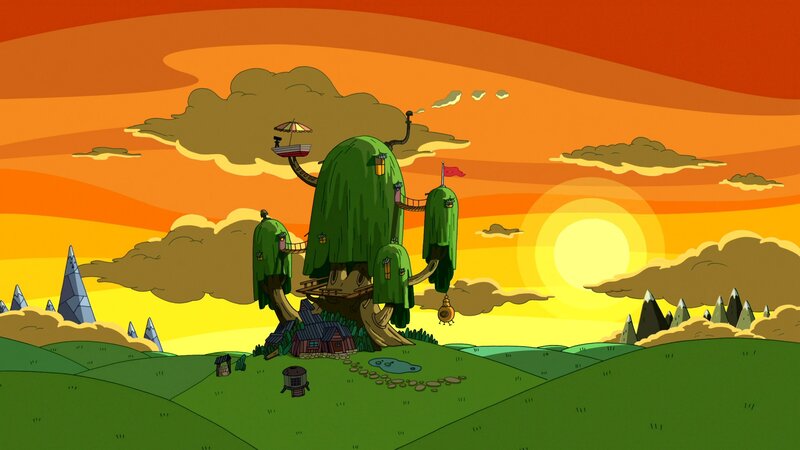 Treehouse Village — Green, Serene, Sunset, Animation, Clouds, Hills
