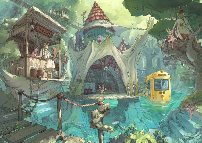 Treehouse Village — Green, Whimsical, Afternoon