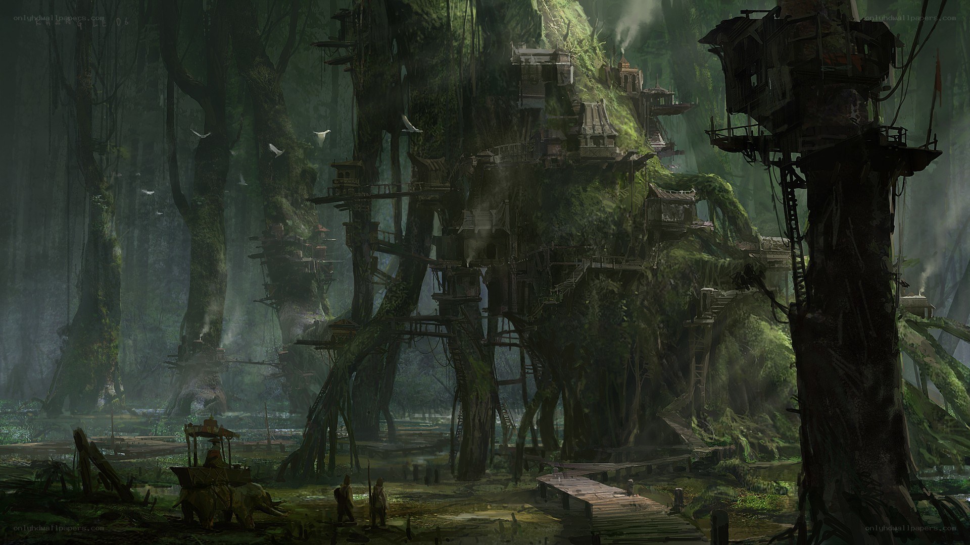 Treehouse village in a dense forest