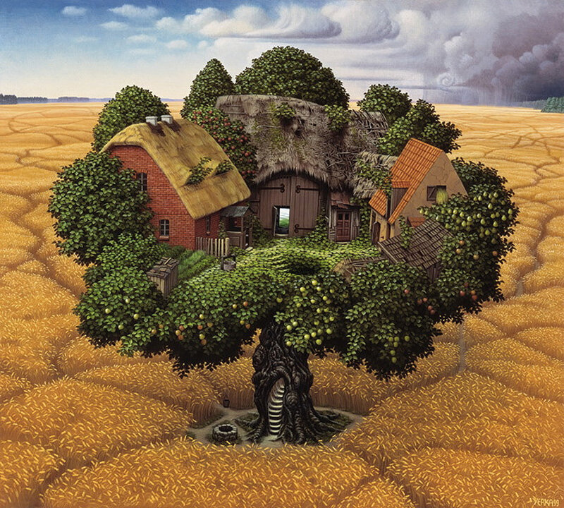 Treehouse village in a wheat field