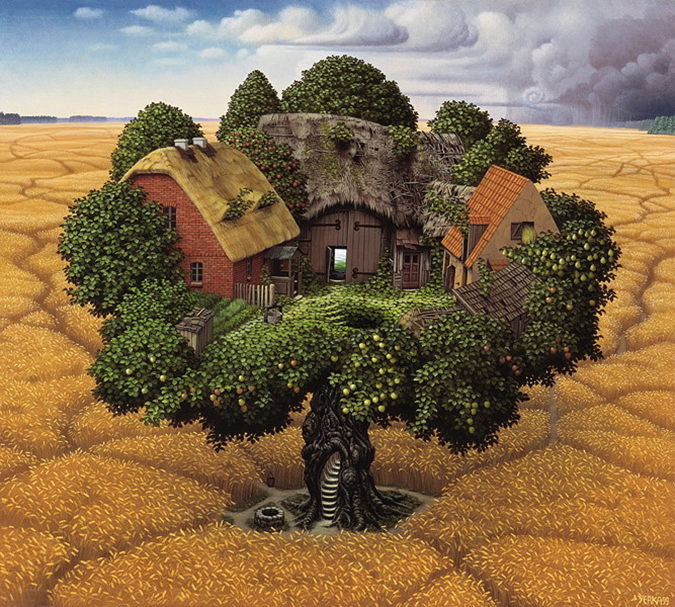 Treehouse village in a wheat field