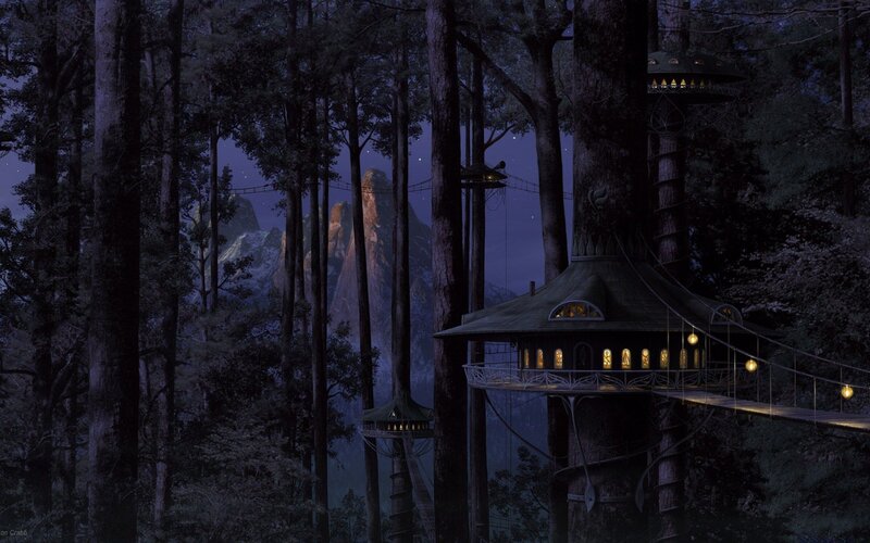 Treehouse Village in Forest — Dark Blue, Serene, Night, Digital Art, Mountains, Bridge