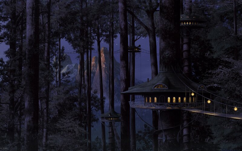 Treehouse Village in Forest — Dark Blue, Serene, Night, Digital Art, Mountains