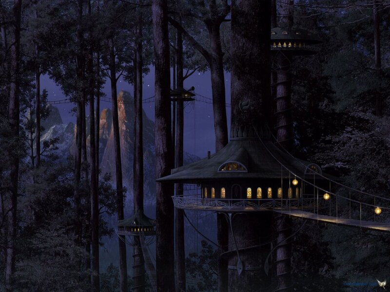 Treehouse Village in Forest — Dark Blue, Serene, Night