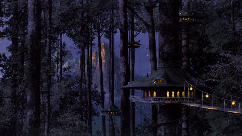 Treehouse Village in Forest — Dark Blue, Serene