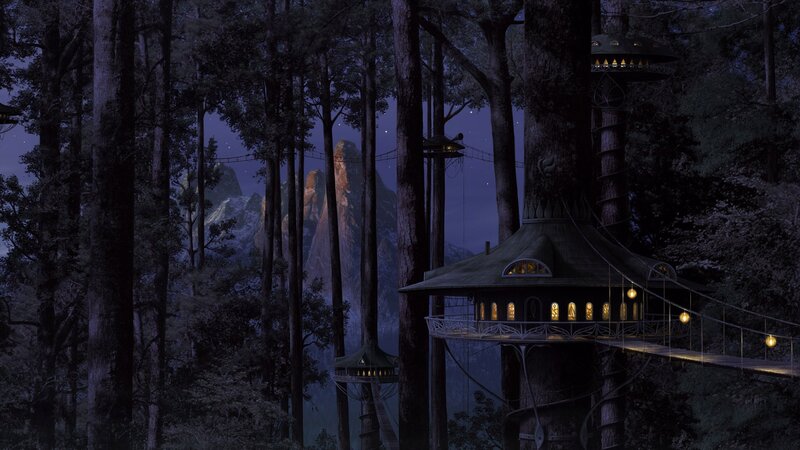 Treehouse Village in Forest — Dark Green, Serene