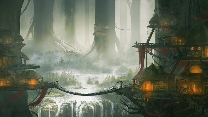 Treehouse Village in Forest — Green, Mysterious, Morning, Digital Art