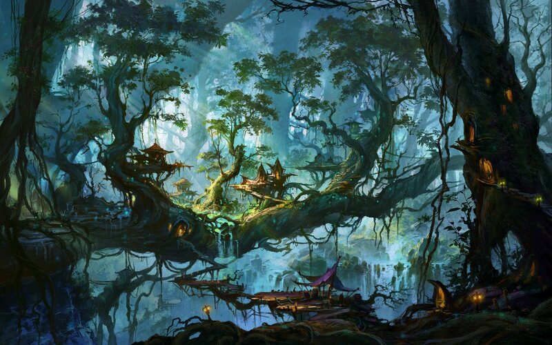 Treehouse Village in Forest — Green, Serene, Night, Digital Art, Trees
