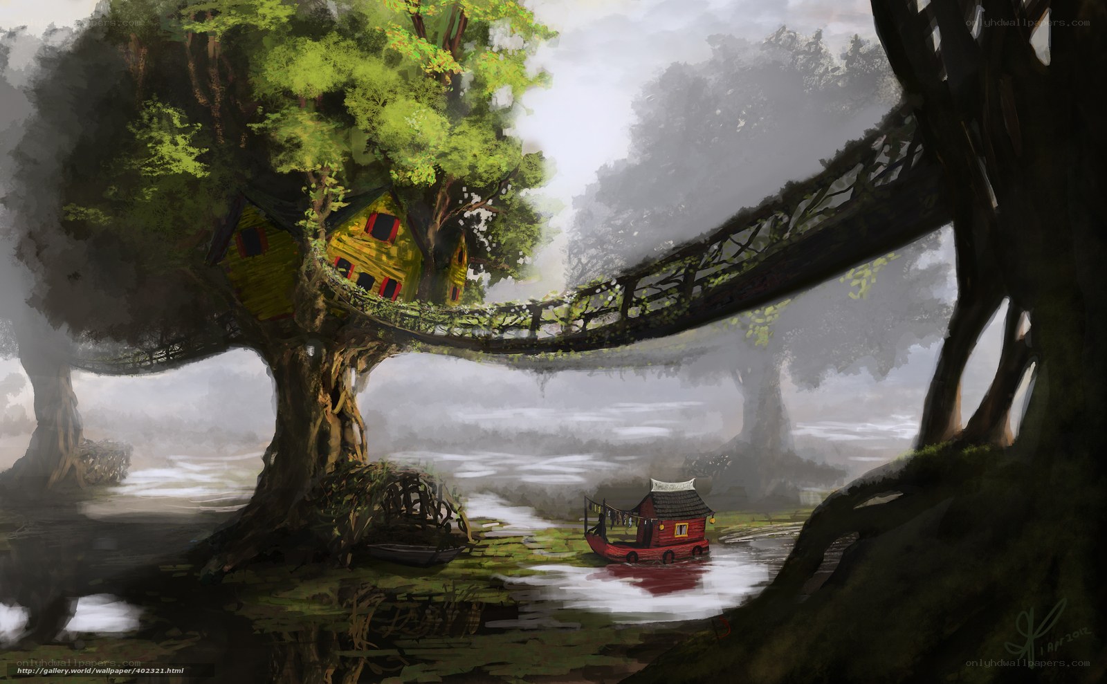 Treehouse village in mist