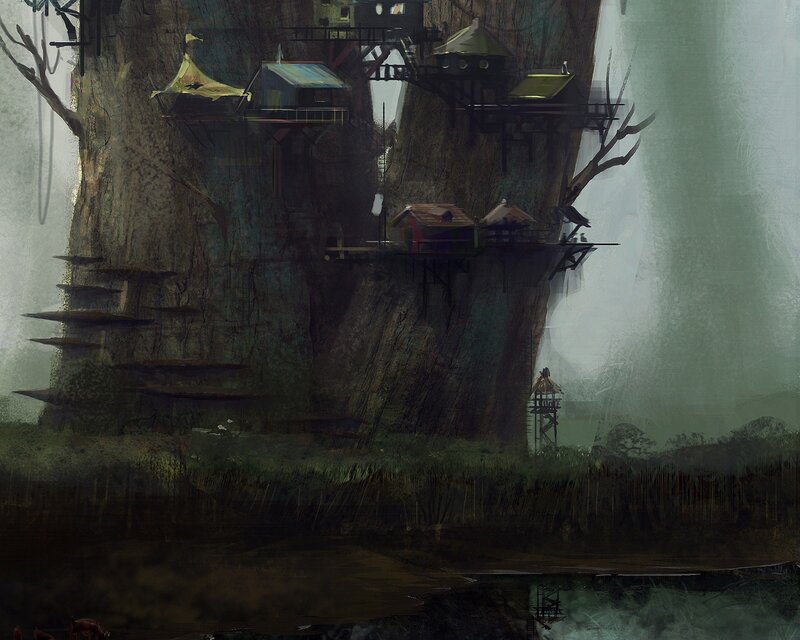 Treehouse village in misty forest