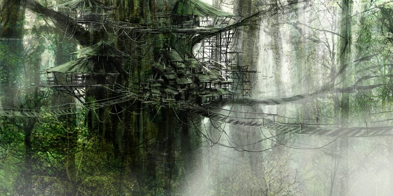 Treehouse village in misty forest
