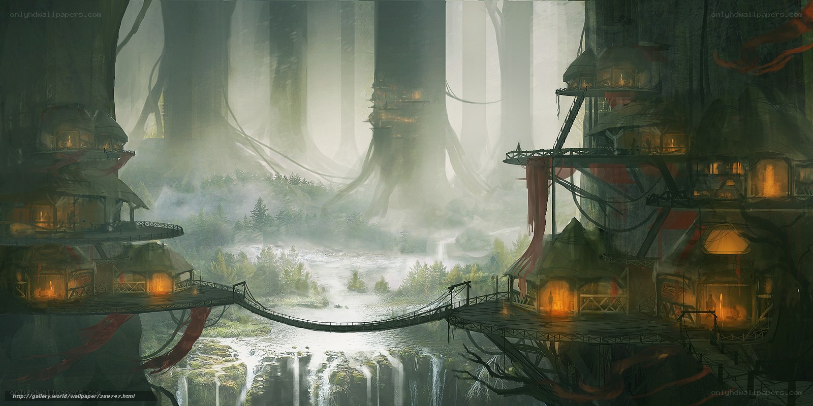 Treehouse village in misty forest